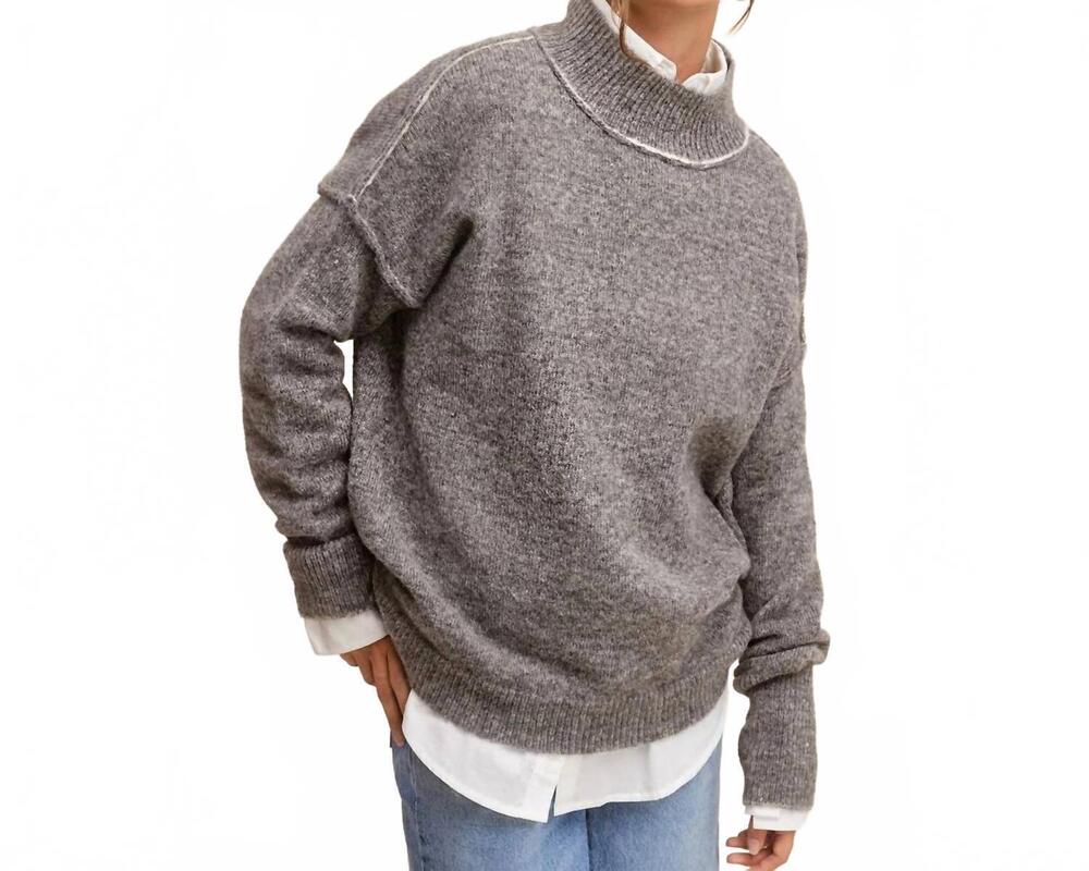 NEW LA MIEL loose fit mock neck exposed seaming detailed sweater in black sesame